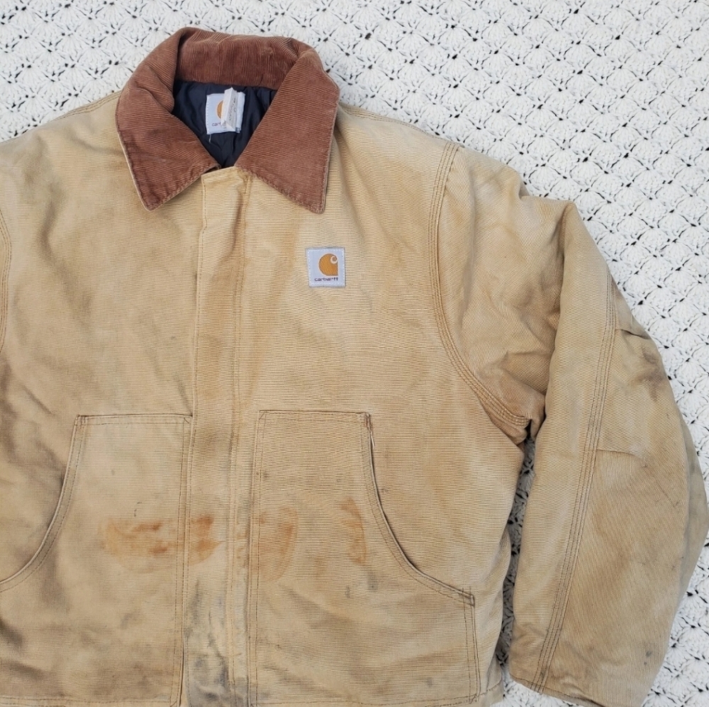 Vintage Carhartt Mens Quilted Lined Canvas Distressed Workwear Jacket Brown
